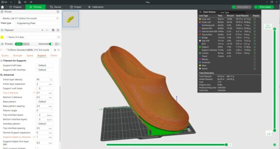 Using Support Plate to Reduce Material when 3D Printign Shoes at 45 degrees