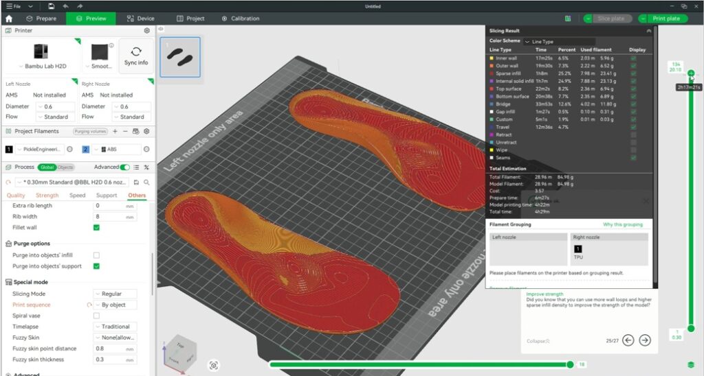 Flat printing a pair of 3D printed orthotics per object rather than per layer