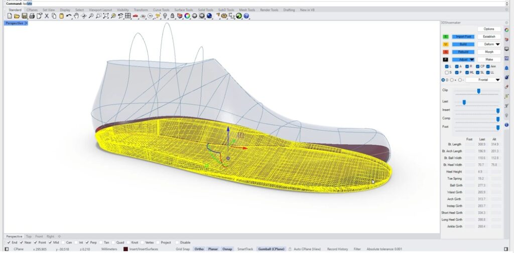 Removing Shoe Last Heel Height and Toe Spring to Make Orthotic Insole with Flat Bottom for 3D Printing Horizontal