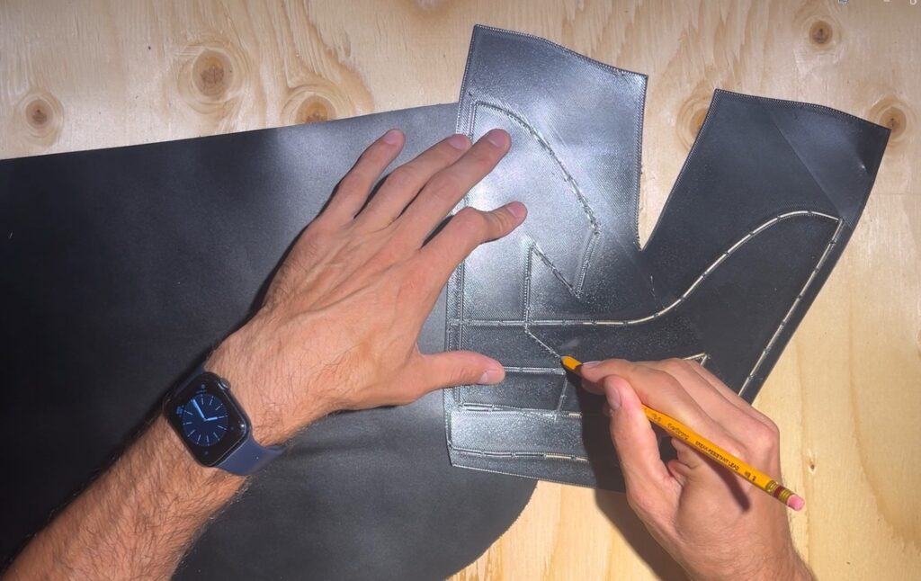 Tracing leather sandal upper pattern from 3D printed stencil